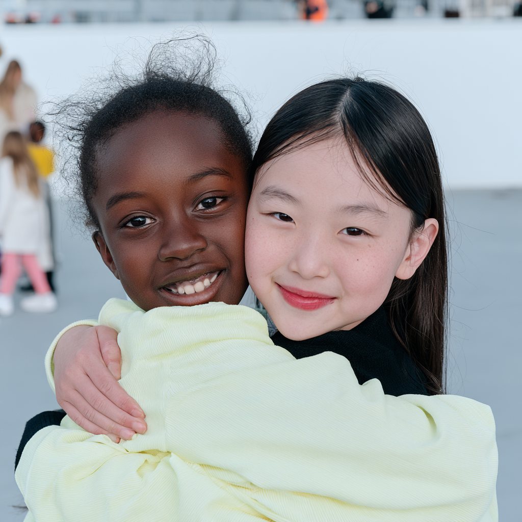 Two young friends embracing