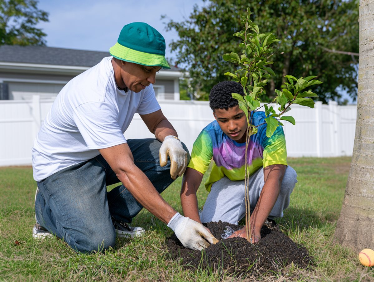 A man and a young person planting a tree together in a yard
