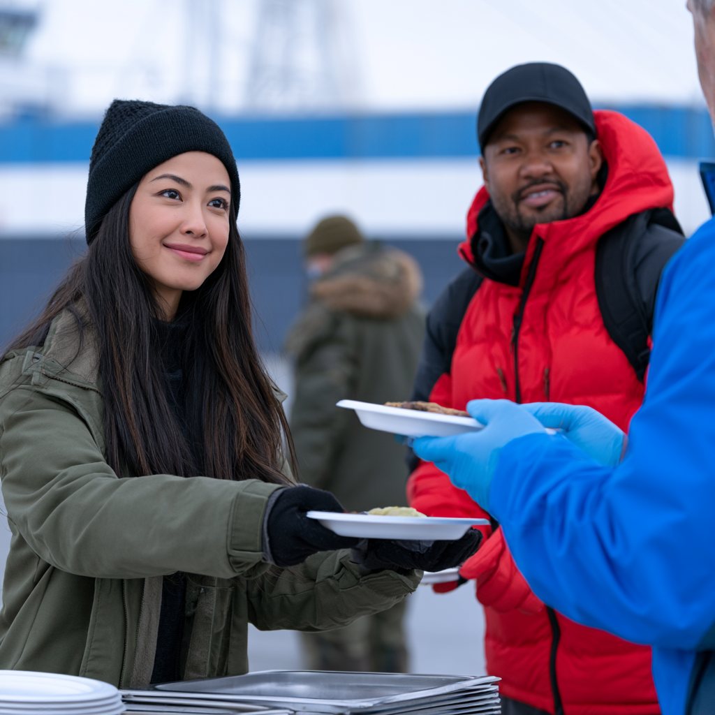 Volunteers sharing a warm meal in the community