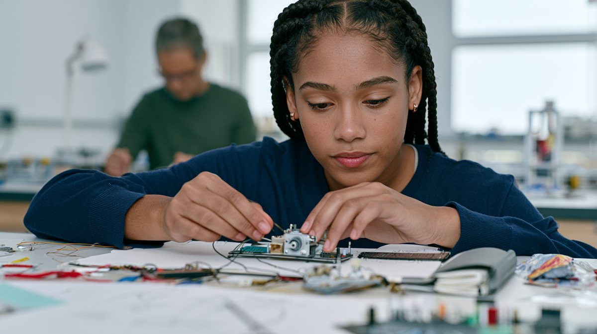 A student building electronics by hand